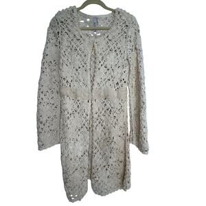 Miilla crochet long cream cardigan open weave medium boho coquet beach cottage